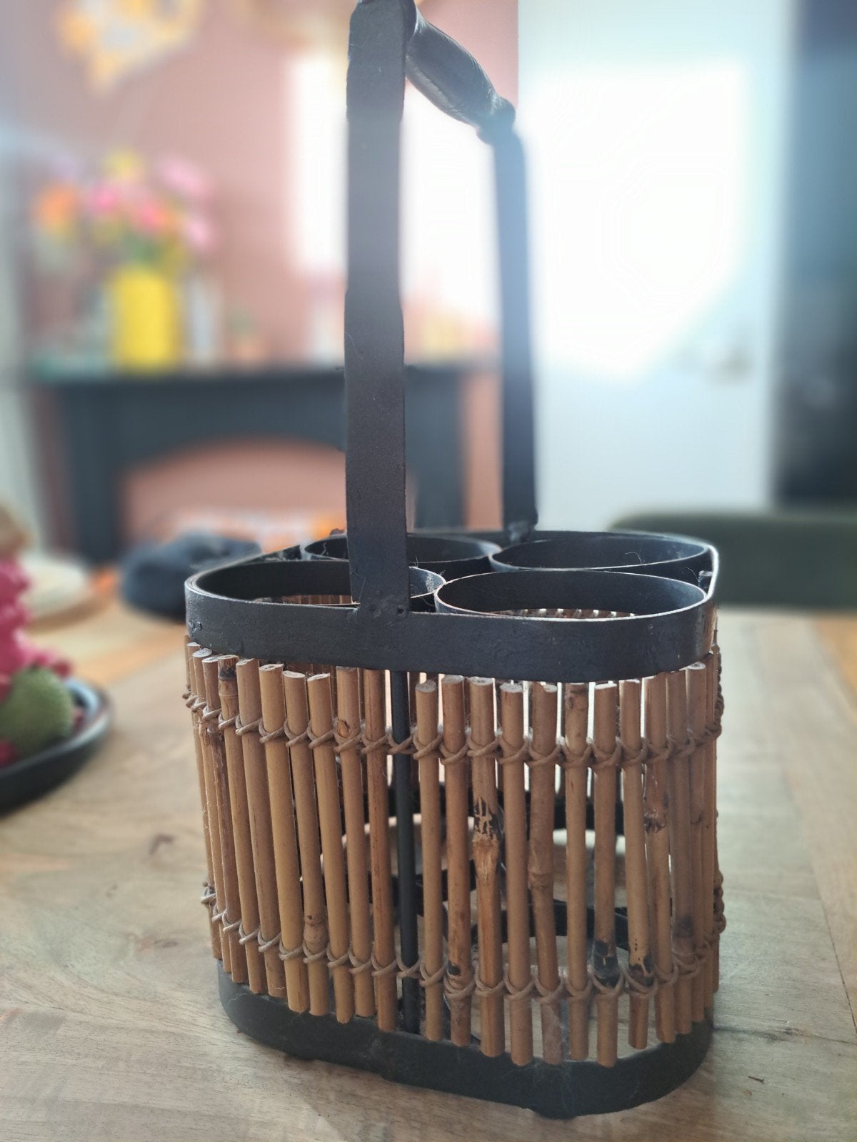 Vintage bamboe flessenhouder / wijnflesdrager voor 4 flessen, Ophalen