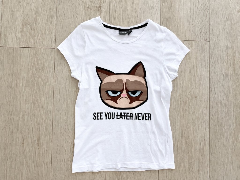 T-Shirt Shirt Wit Grumpy Cat Kat See you later (Never), Mt S, Wit, Ophalen of Verzenden, Zo goed als nieuw, Korte mouw