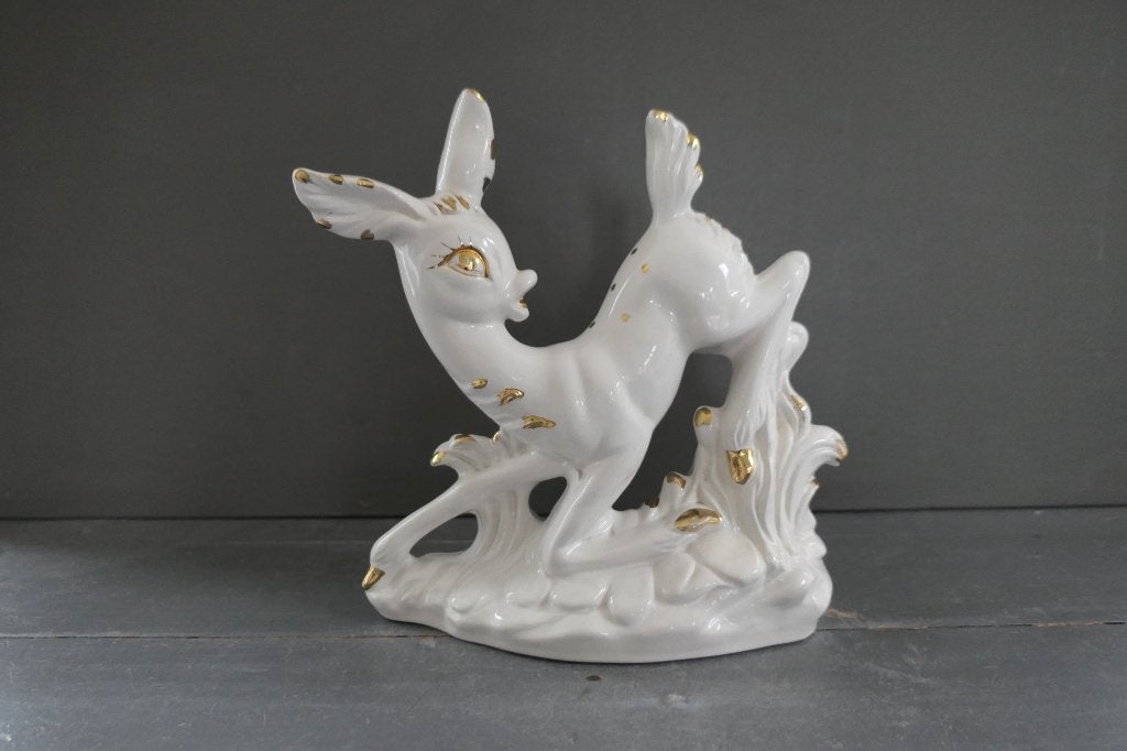 Vintage Hollywood Regency beeld Bambi wit met goud, Verzamelen, Beelden en Beeldjes, Verzenden, Zo goed als nieuw, Dier