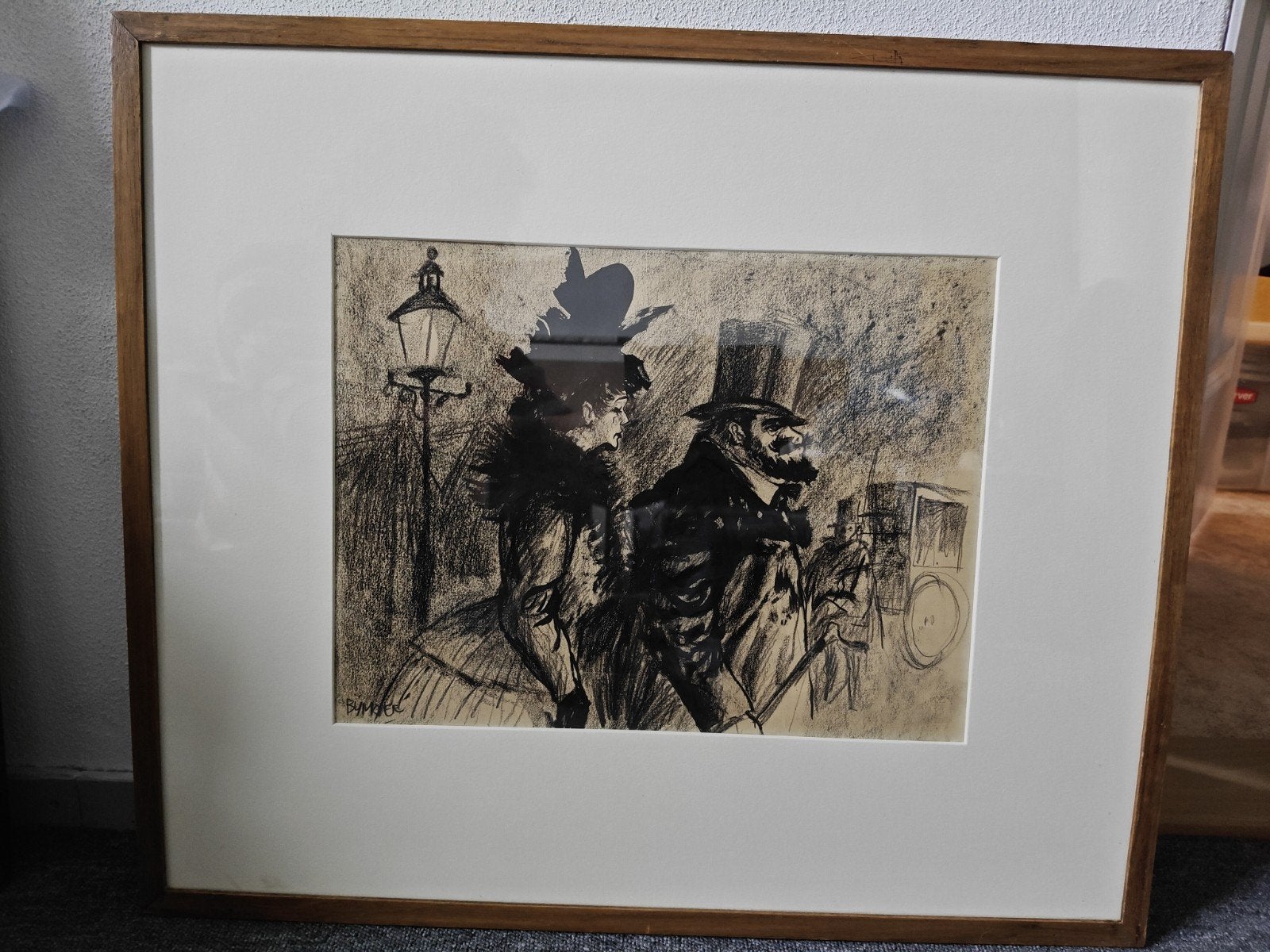 Gesigneerde tekening 'Stadsgezicht met figuren', Ophalen of Verzenden, Tekening, Houtskooltekening, Achter glas