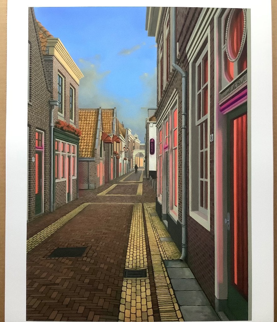 Schilderij Alkmaar Achterdam glicee, Origineel werk, Realistisch, Ophalen of Verzenden, Print