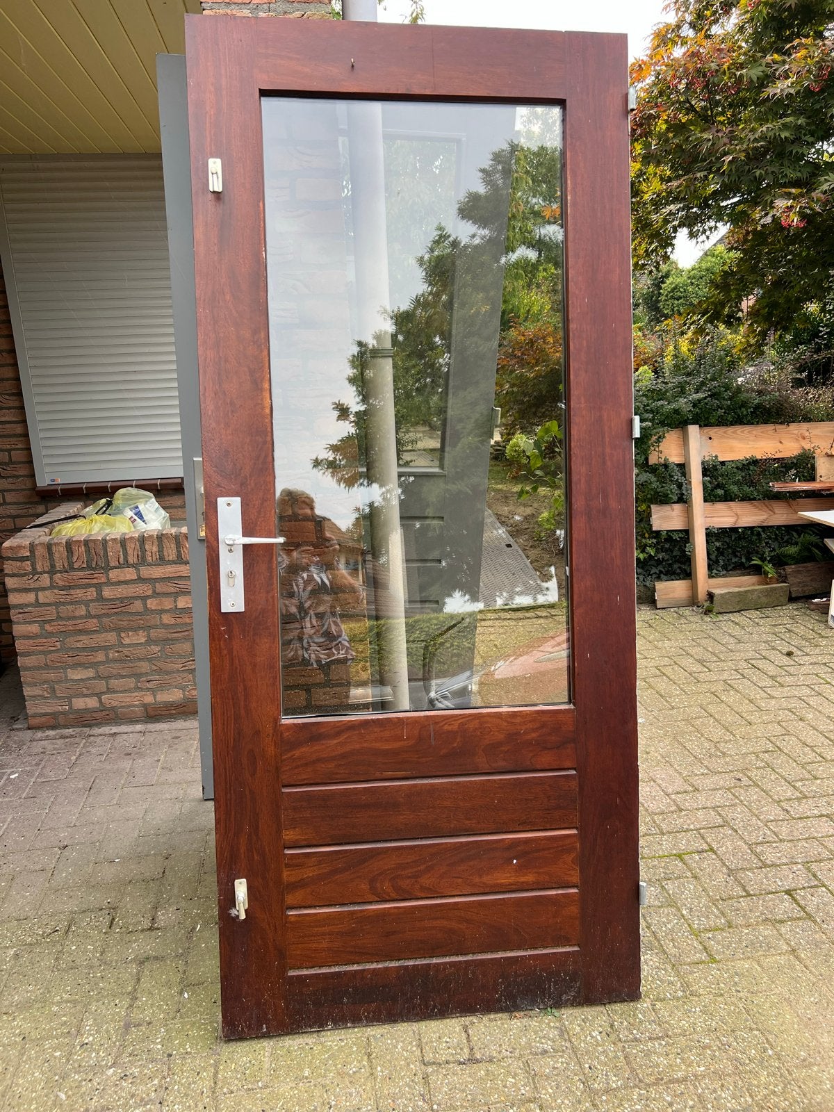 Hardhouten buitendeur met dubbel glas (93x212 cm), Ophalen, Gebruikt, 80 tot 100 cm, Buitendeur