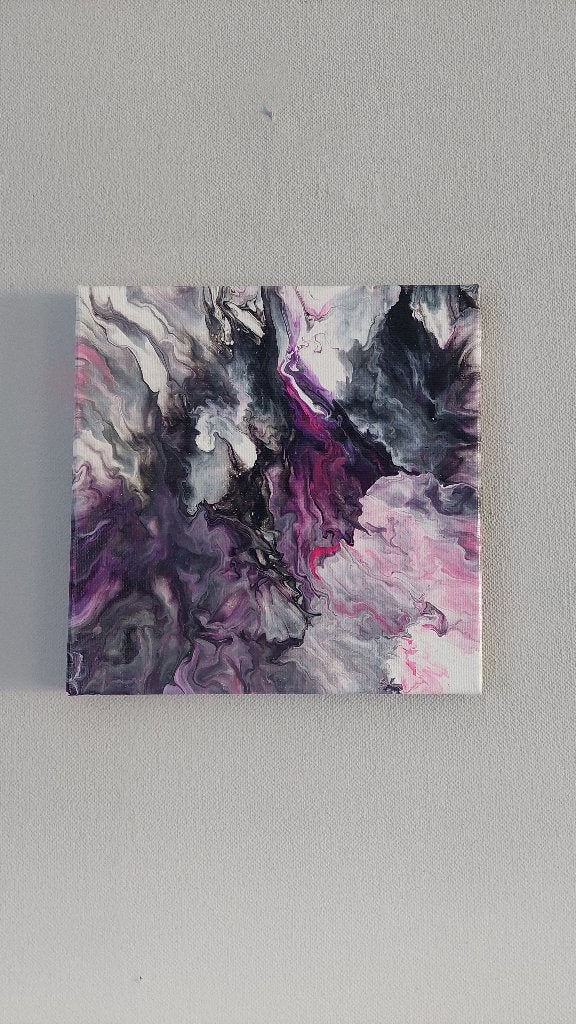 Abstract schilderij paars wit zwart op canvas 20 x 20 cm, Ophalen