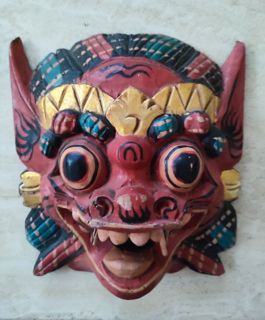 Indonesië; traditioneel handgemaakt Balinees Barong masker, Hout, 24 cm, Verzenden, Masker