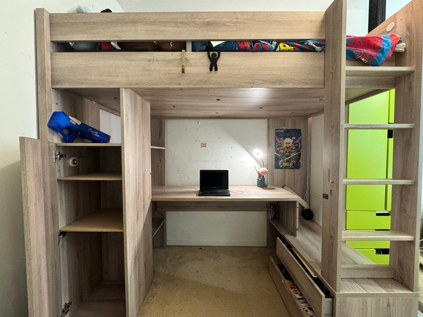 Hoogslaper met bureau en opbergruimte en kast met roede, Ophalen, Gebruikt, Eenpersoons, 200 cm