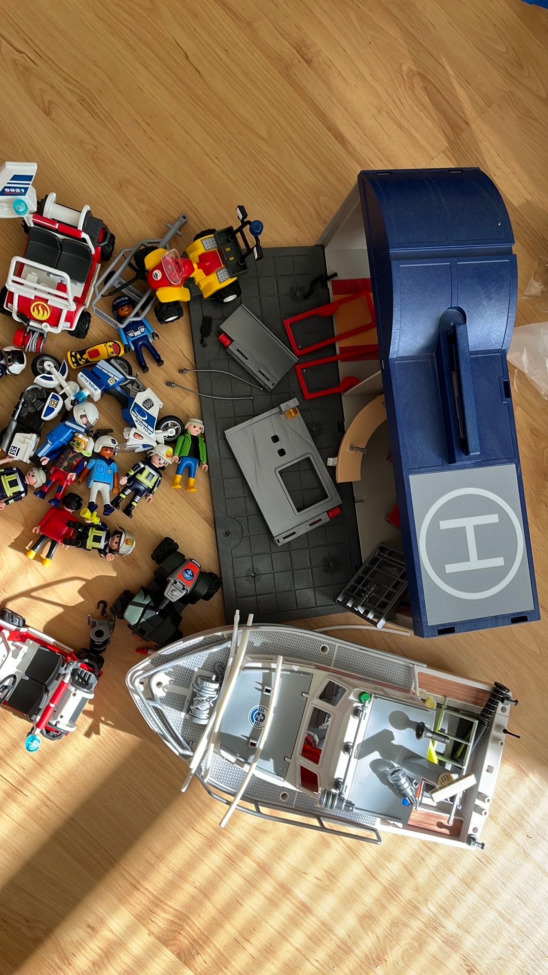 Grote Playmobil set: Politie, Brandweer, Reddingsboot, Helik, Ophalen, Gebruikt