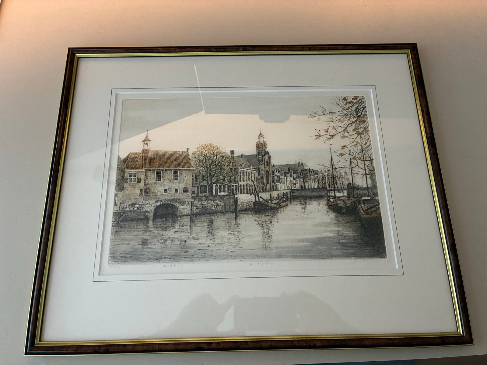 Ets A. Wieringa - Delfshaven Rotterdam (80/250), Antiek en Kunst, Ophalen, Stadsgezicht, 1950 - 1999, Genummerd