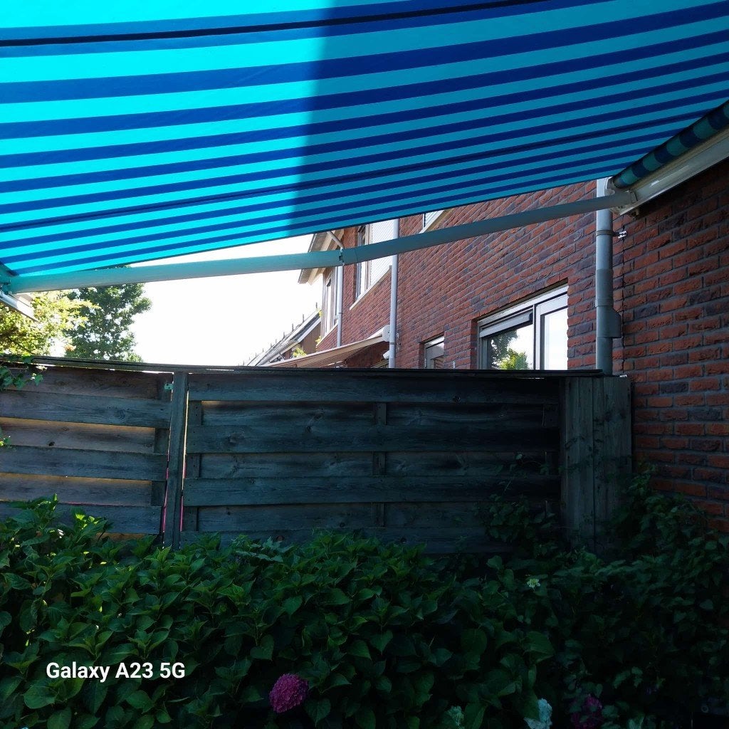 Met knikarm 5 meter 3 meter uitval licht blauw donker blauw, Tuin en Terras, Ophalen, Gebruikt, 450 cm of meer, 150 tot 300 cm