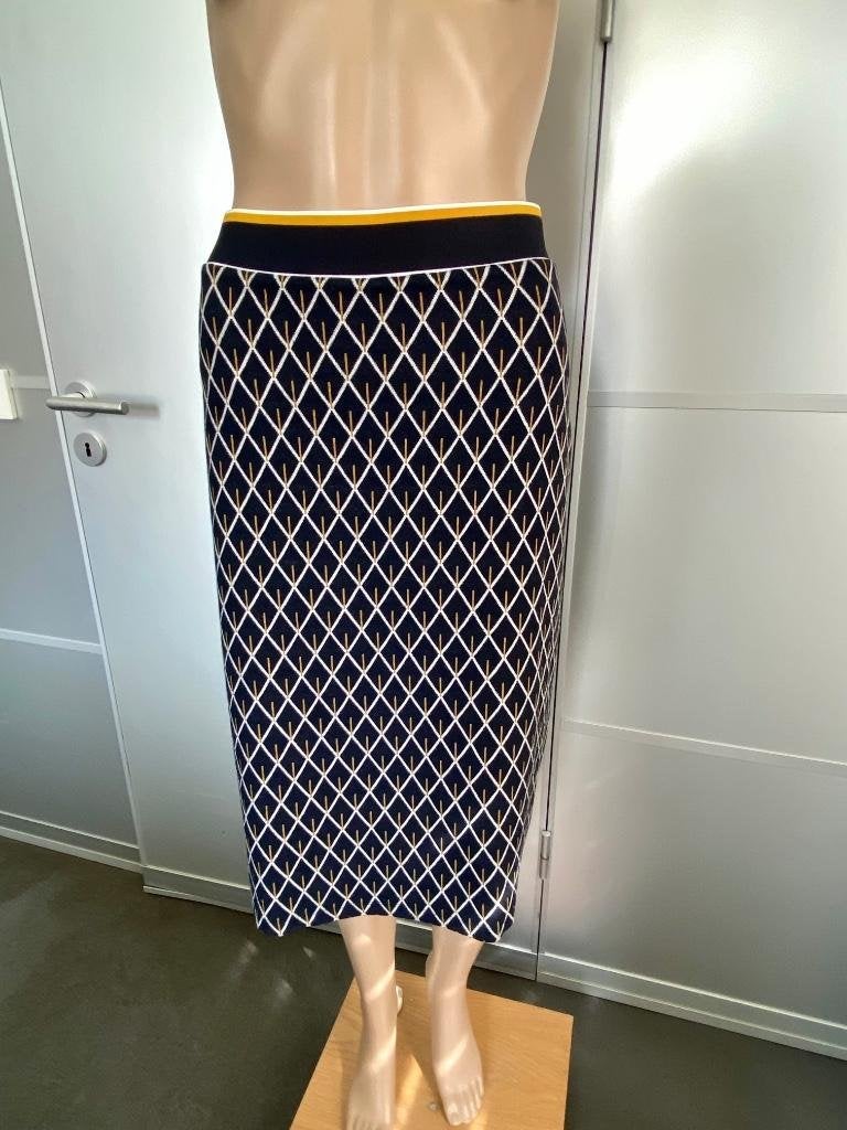 J540 Samoon: set: rok+trui: fijn-gebreid d-blauw/wit/bruin, Kleding | Dames, Rokken, Maat 38/40 (M), Blauw, Ophalen of Verzenden