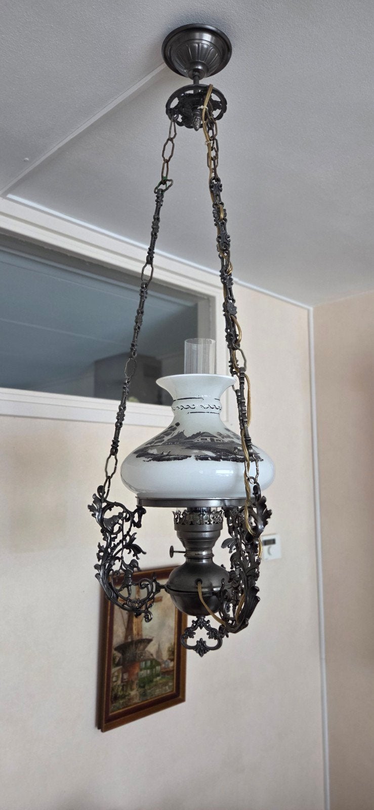Antieke tinnen hanglamp met olielamp-stijl en decoratieve ke, Ophalen