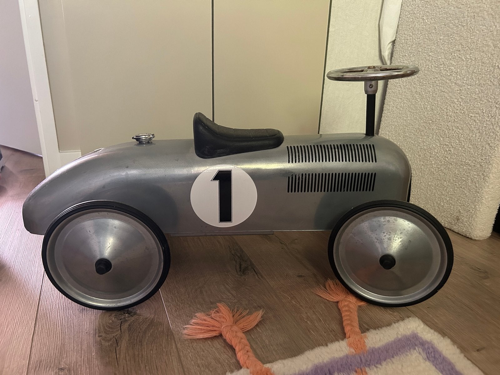 Vintage metalen loopauto - Zilveren raceauto voor kinderen, Ophalen, Gebruikt