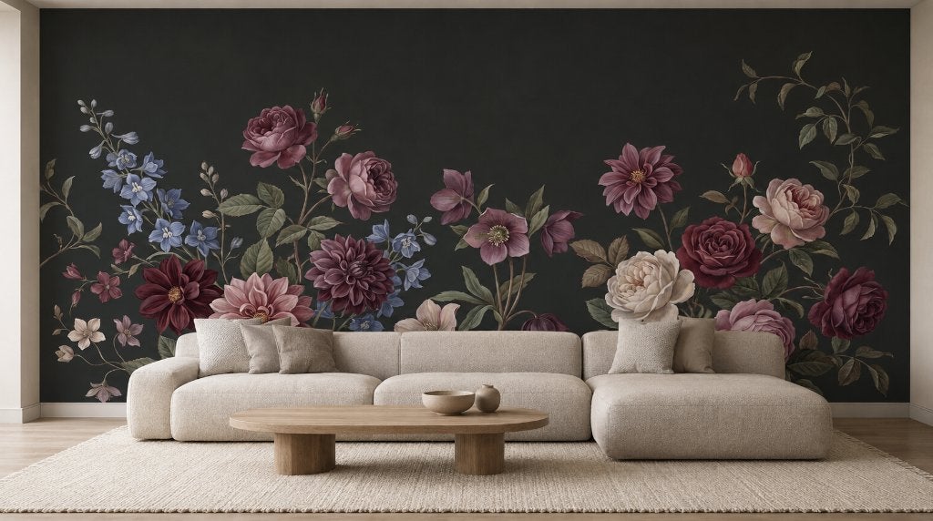 Bloemen behang – donker boeket in bordeaux en oudroze