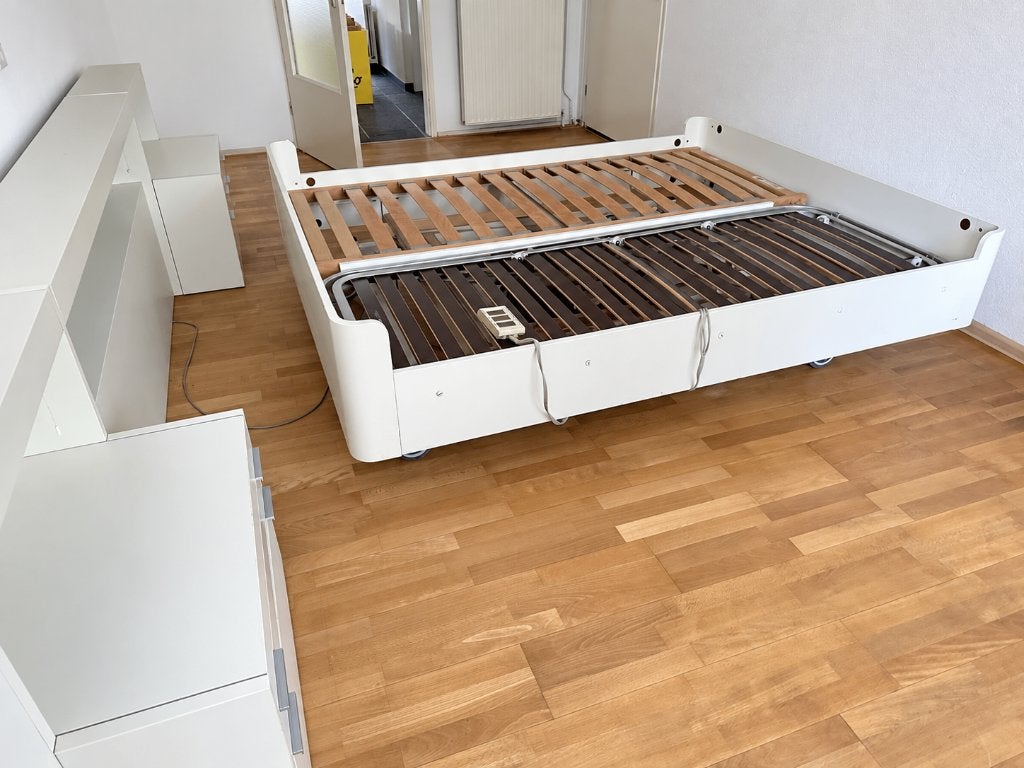 Tweepersoons hoog-laagbed 160  200 cm met Pastoe-achterwand, Ophalen, Gebruikt, Wit, Tweepersoons