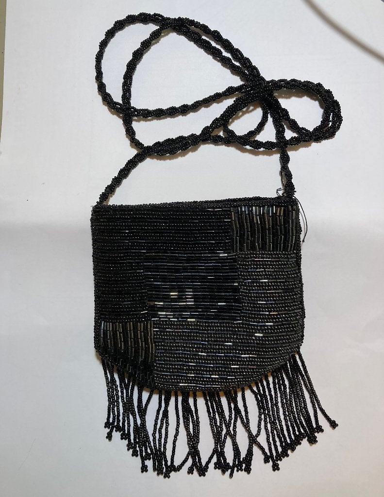 Vintage zwart glaskralen tas tasje brocante avondtasje boho, Ophalen of Verzenden, Zo goed als nieuw, Zwart, Avondtasje