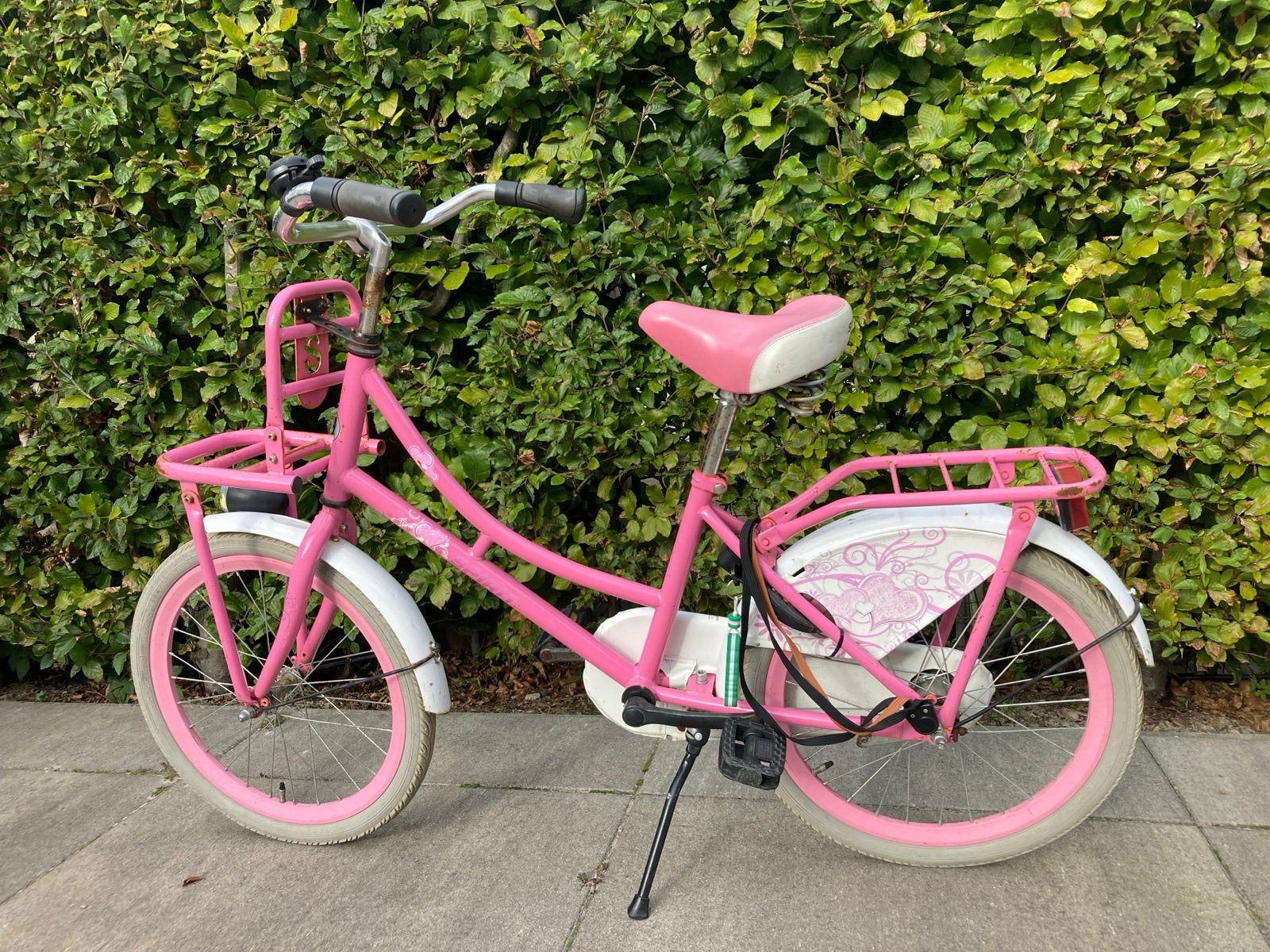Roze kinderfiets 20 inch met voordrager en terugtraprem, Ophalen, Gebruikt, Terugtraprem, 16 tot 20 inch