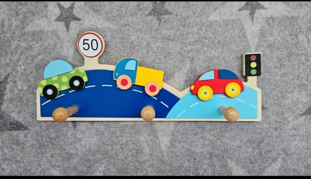 Kinderkapstok Hout met Auto's en Verkeersborden, Huis en Inrichting, Ophalen, Zo goed als nieuw, Minder dan 100 cm, Kinderkapstok