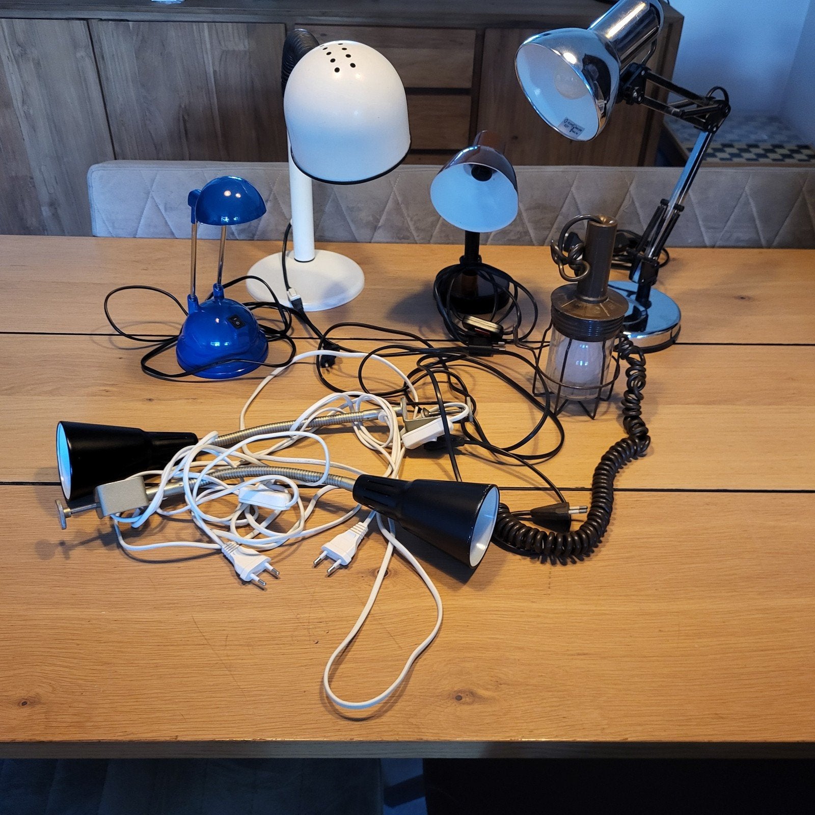 7x vintage tafellamp bruin creme, klemlamp, bureaulamp, Ophalen of Verzenden