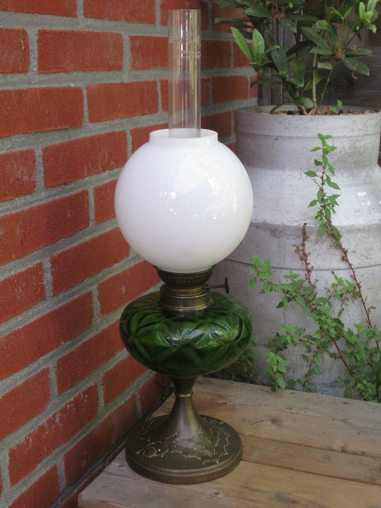 Antieke Olielamp Groen Glas Kersthuls Afbeelding, Ophalen