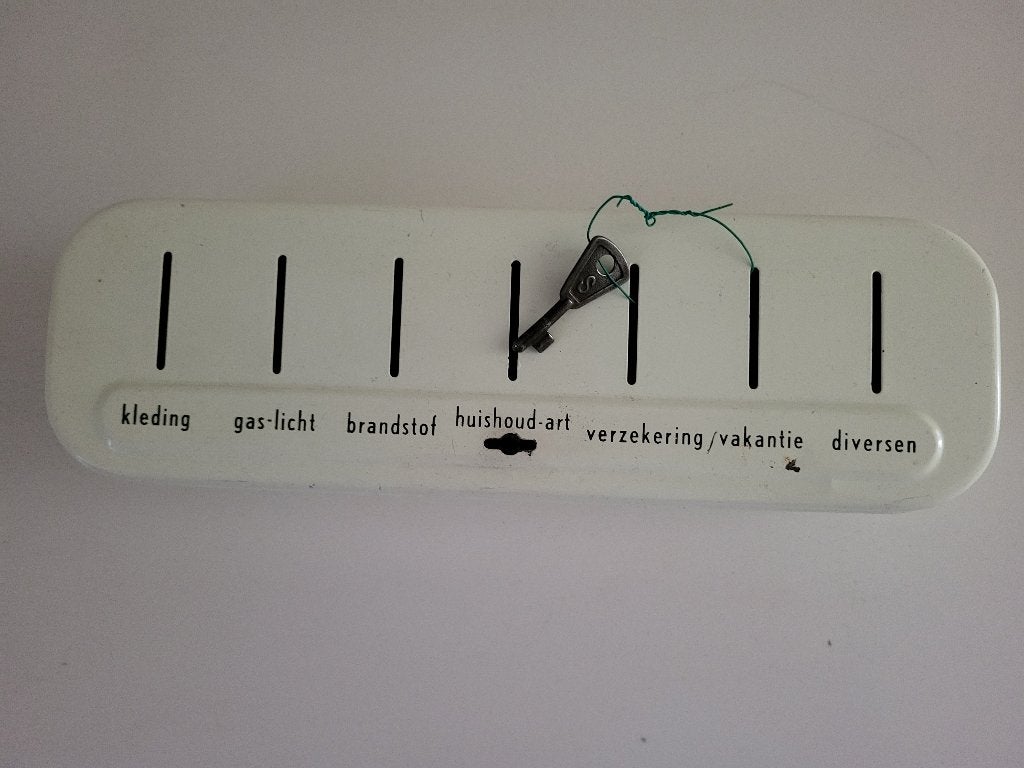 Brabantia spaarblik met sleutel, Ophalen of Verzenden, Gebruikt, Metaal of Blik, Overige thema's