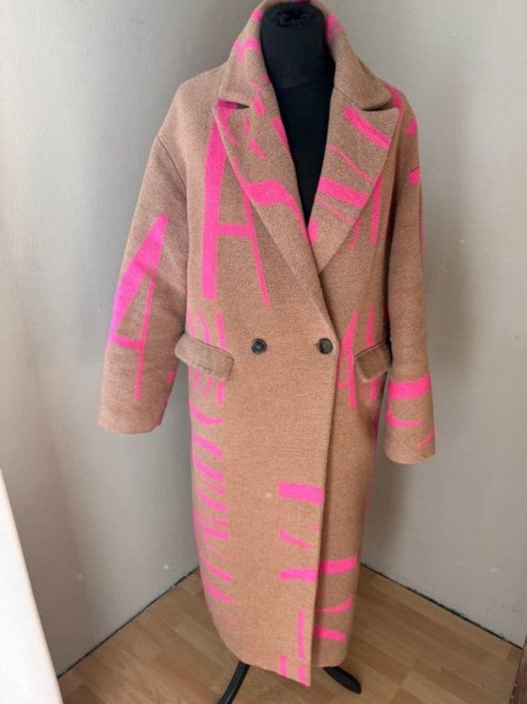 Eksept Robbie camel/neon roze lange mantel 30% wol mt 42/44, Ophalen of Verzenden, Maat 42/44 (L)