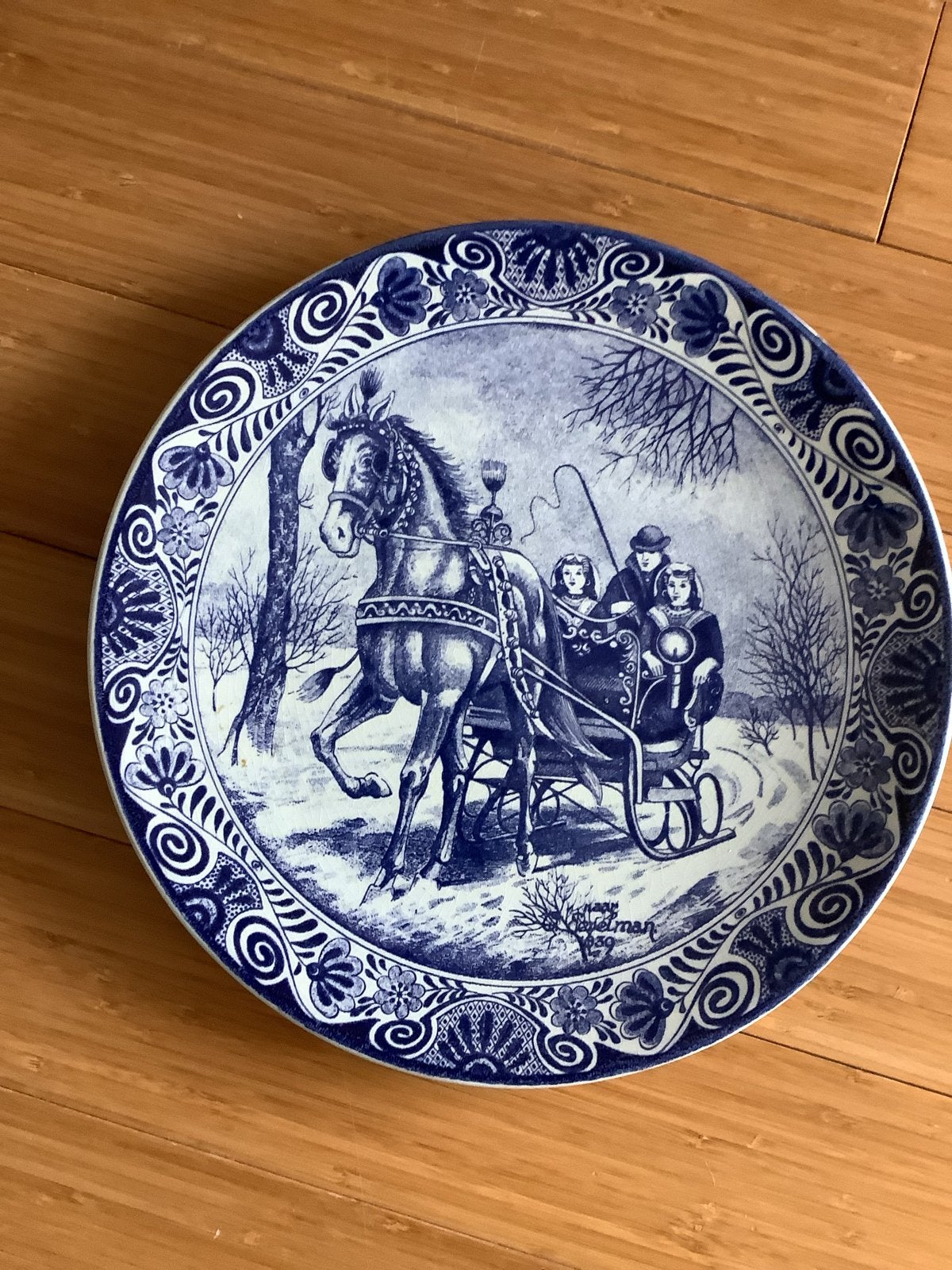 Delfts Blauw Kerstbord 1989 - Paard en Sleetje, Antiek en Kunst, Ophalen of Verzenden
