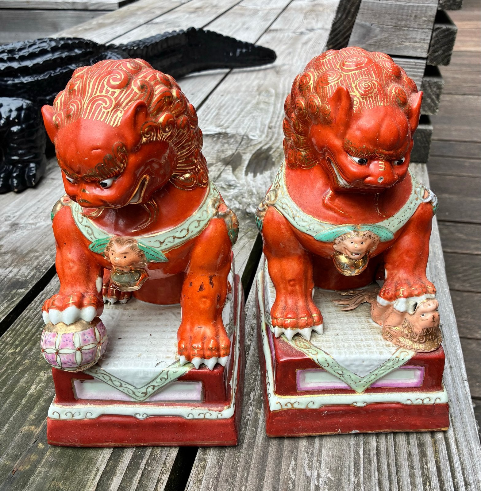 Paar vintage Chinese Foo Dogs / tempelleeuwen / Beelden, Antiek en Kunst, Ophalen