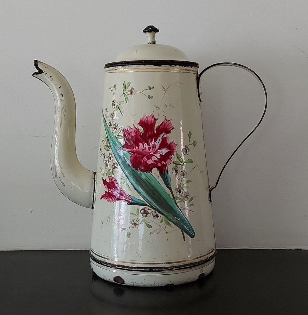 Antiek Frans emaille koffiepot creme met bloemen, Ophalen of Verzenden