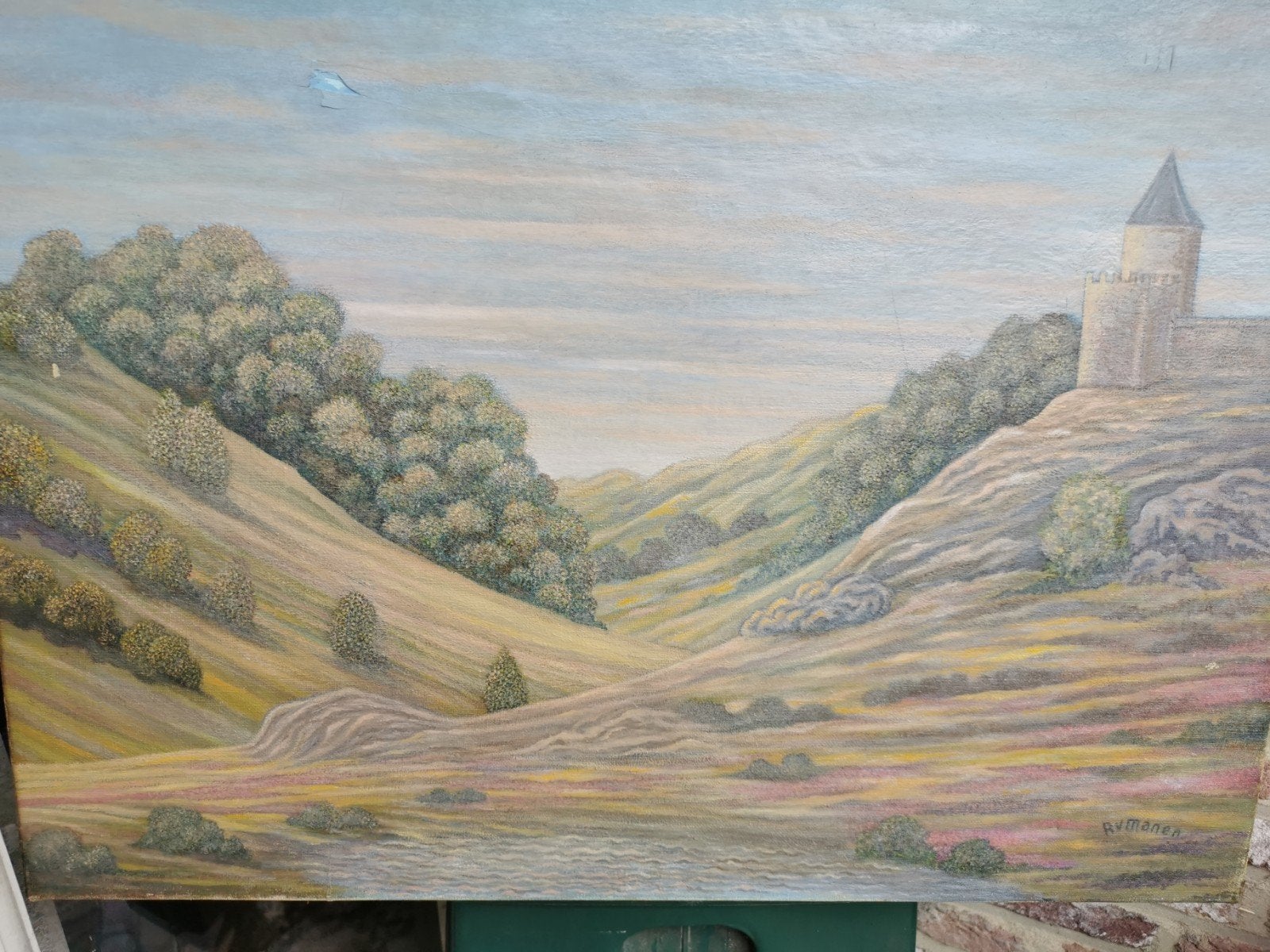 Schilderij Kasteel in Heuvelachtig Landschap, Ophalen of Verzenden