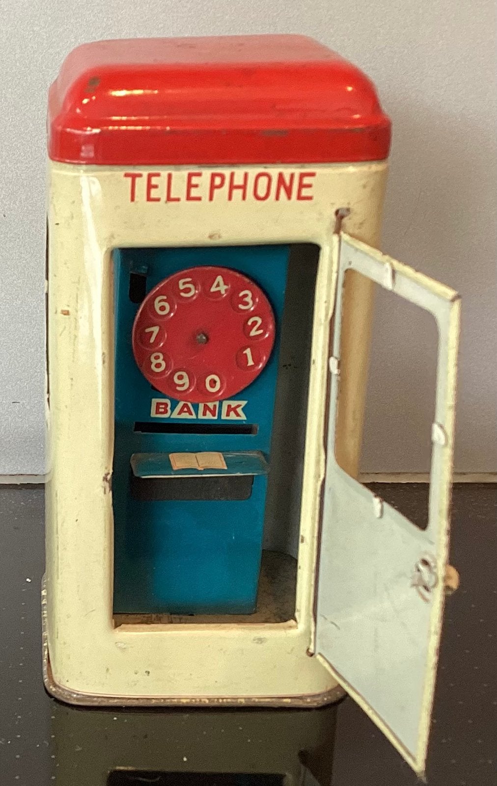 Oude 1950’s blikken Telephone spaarpot, Japan,Telefoon cel., Verzamelen, Ophalen, Gebruikt, Metaal of Blik, Overige thema's