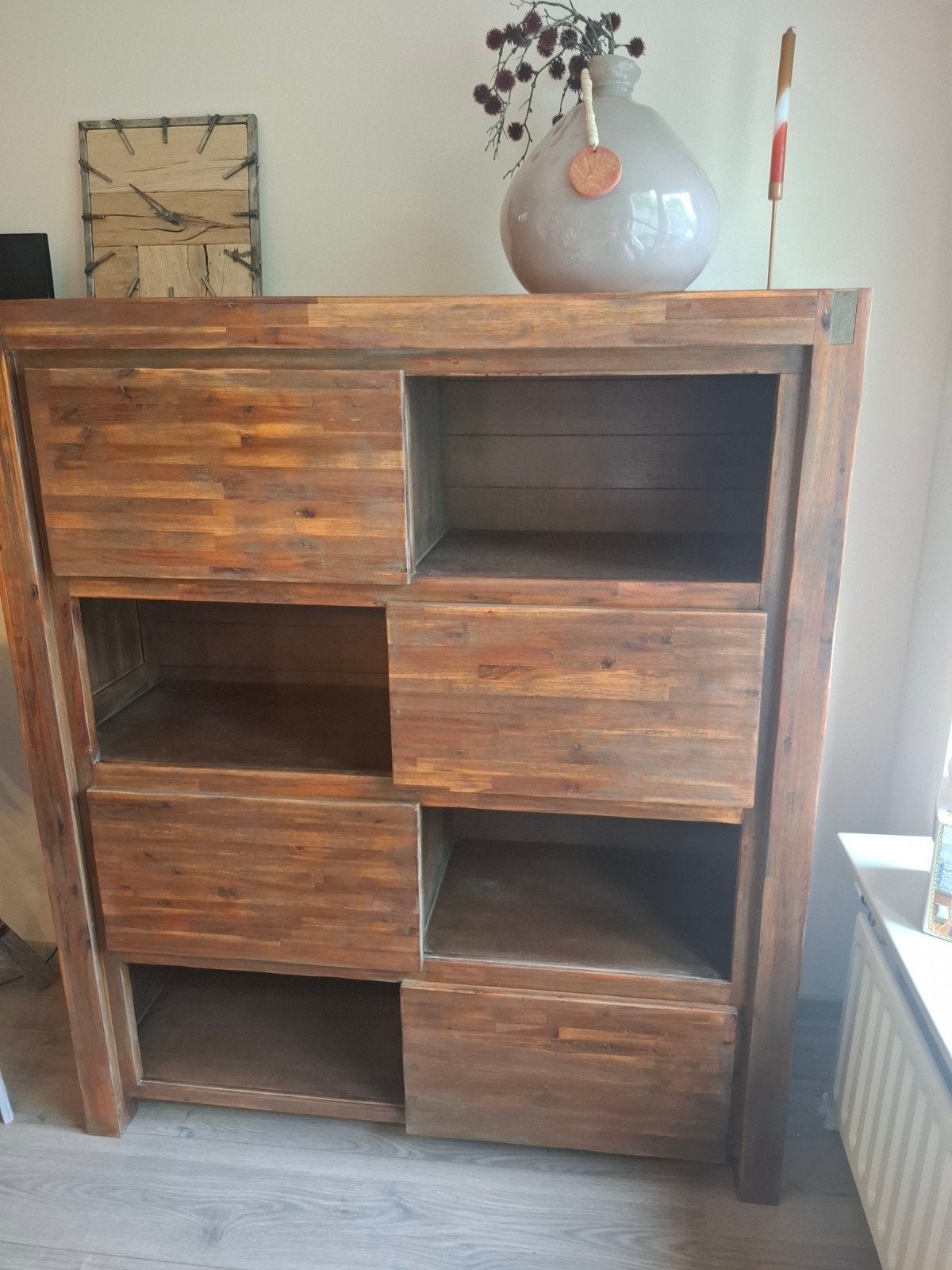 Massief Acaciahouten Vakkenkast /Boekenkast met Schuifdeuren, Huis en Inrichting, 100 tot 150 cm, 150 tot 200 cm, 25 tot 50 cm