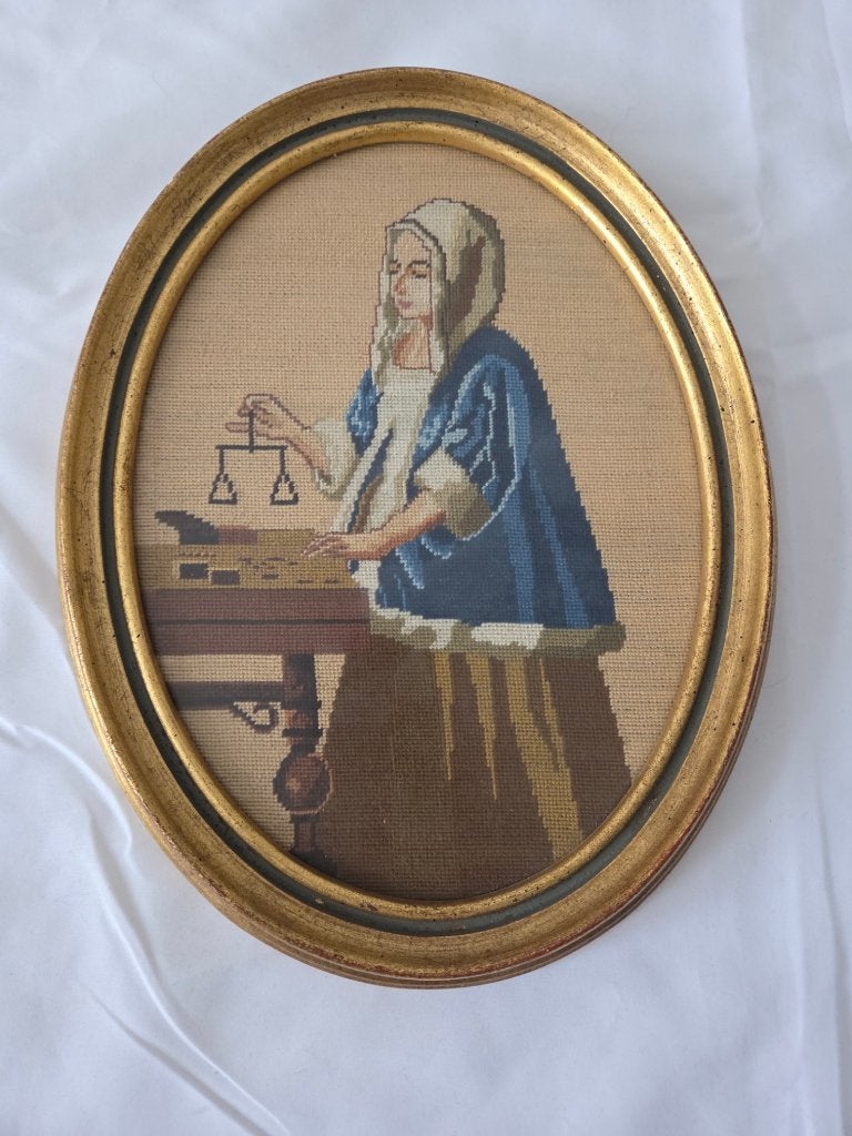 Vintage framed needlepoint embroidery Woman, Ophalen of Verzenden, Gebruikt, Patroon