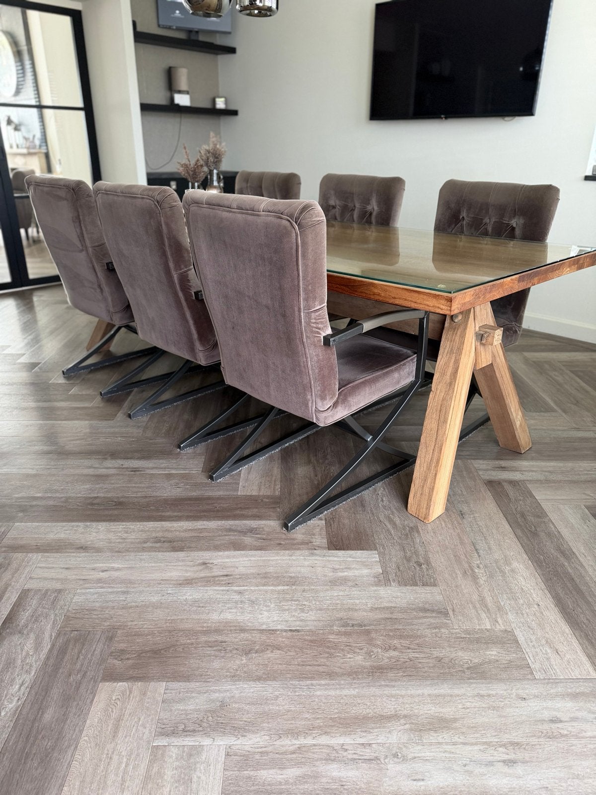 eetkamerstoelen taupe velours 6 stuks, Ophalen, Gebruikt, Overige kleuren, Stof