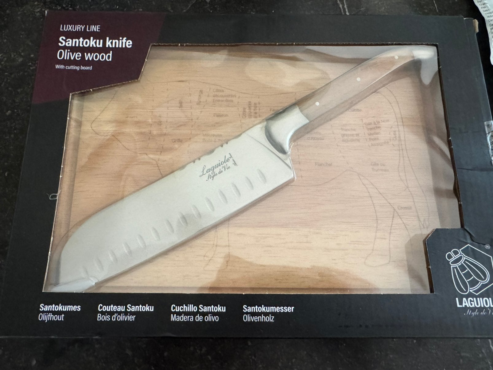 Nieuw Laguiole Santoku mes met olijfhouten handvat snijplank, Overige typen, Hout, Nieuw, Ophalen of Verzenden