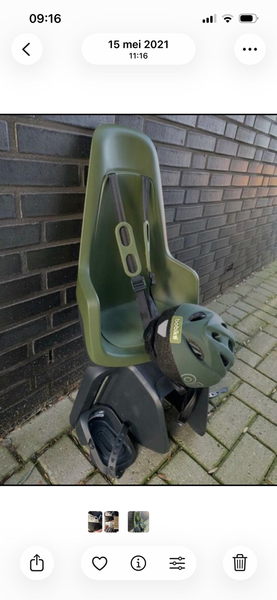Bobike fietsstoeltje achter met helm - Olijfgroen, Ophalen, Achterzitje, Voetsteuntjes, 9 t/m 18 kg