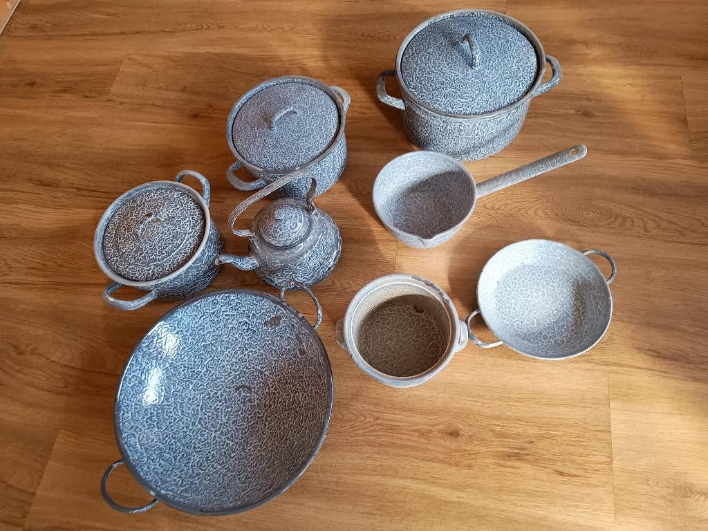 Emaille grijsblauwe pannen, keteltje en wok, Antiek en Kunst, Ophalen