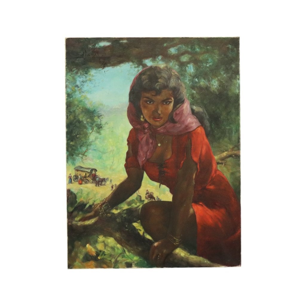 Groot Schilderij Zigeunerin Jonge Vrouw Olieverf op Doek '64, Ophalen of Verzenden, Klassiek, Overige onderwerpen, Doek