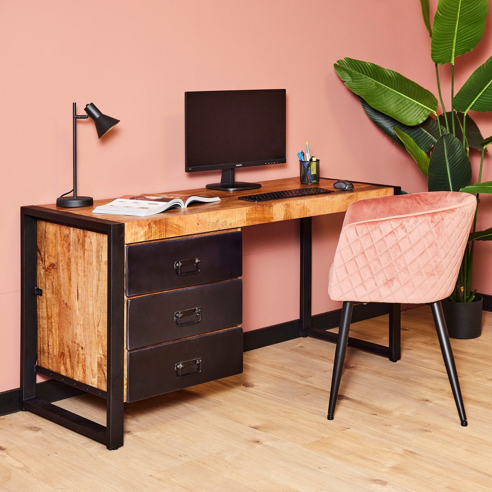 Mangohouten bureau met lades, Ophalen, Met lades, Gebruikt, Hout