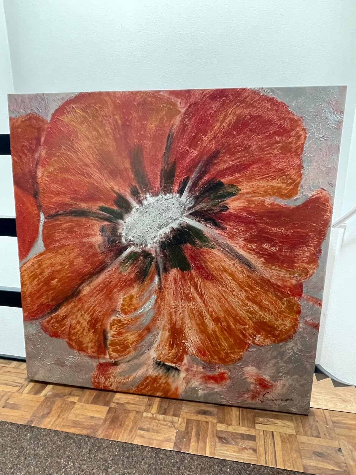 Groot schilderij met papaverbloem, textuur, 100x100cm, Antiek en Kunst, Ophalen of Verzenden