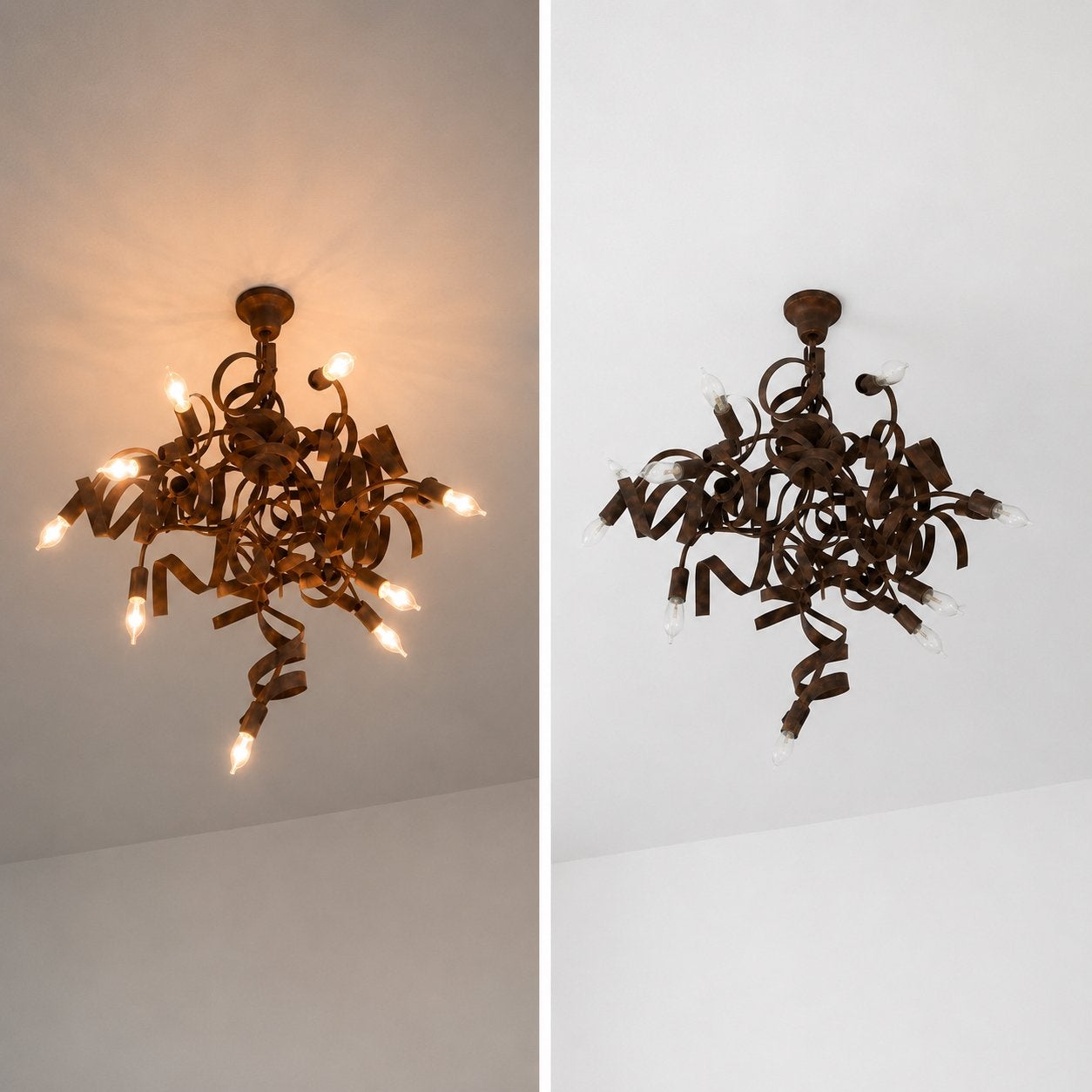 Unieke plafondlamp, kroonluchter, 9fittingen, roestb. Metaal, Ophalen, Zo goed als nieuw, Metaal