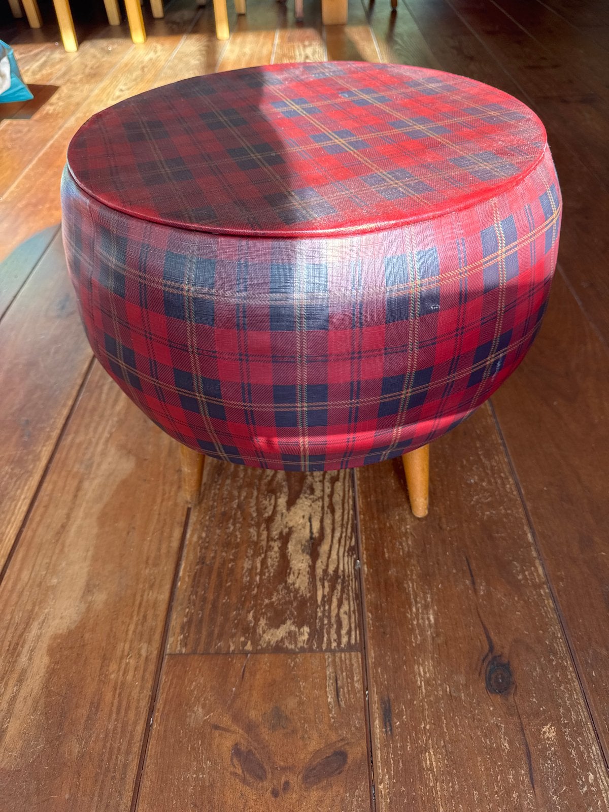 Vintage Schotse Ruit retro Poef jaren 60 met Opbergruimte, Gebruikt, Rond, Minder dan 50 cm, Ophalen