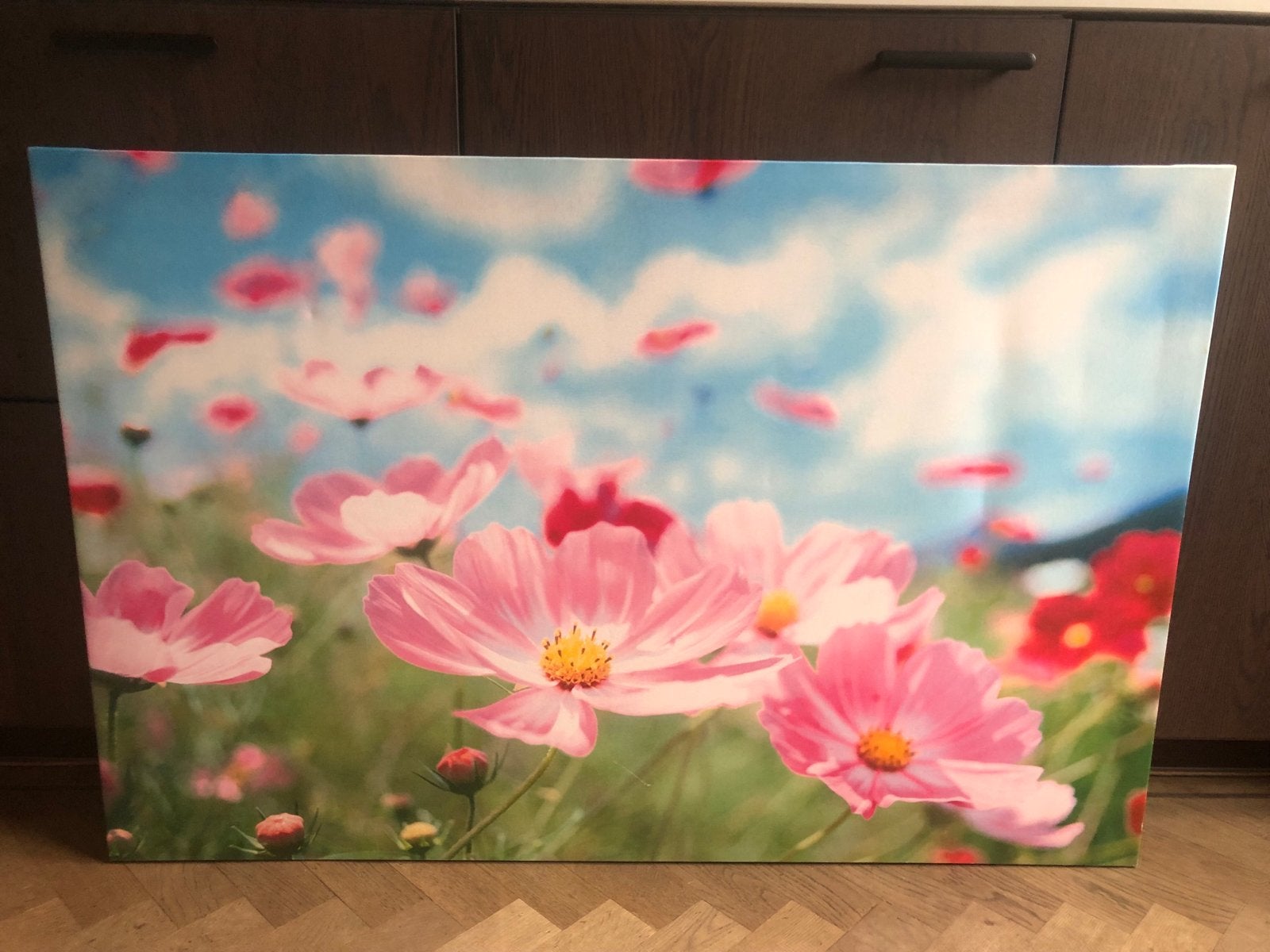 Schilderij met roze bloemen - Canvas, Ophalen, Zo goed als nieuw, Schilderij, 100 tot 125 cm