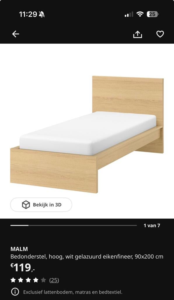 Ikea Malm bed + Lonset lattenbodem 90x200, Ophalen, 90 cm, Eenpersoons, Bruin