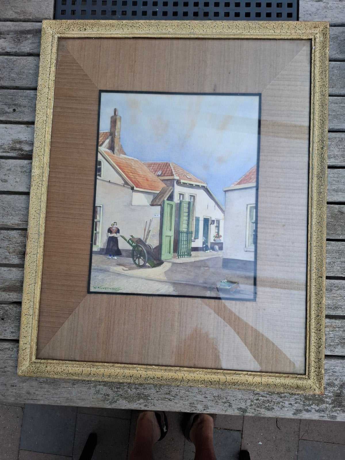 Schilderij W. Knottenbelt - Dorpsgezicht met figuren, Realistisch, Aquarel, Ophalen, Origineel werk
