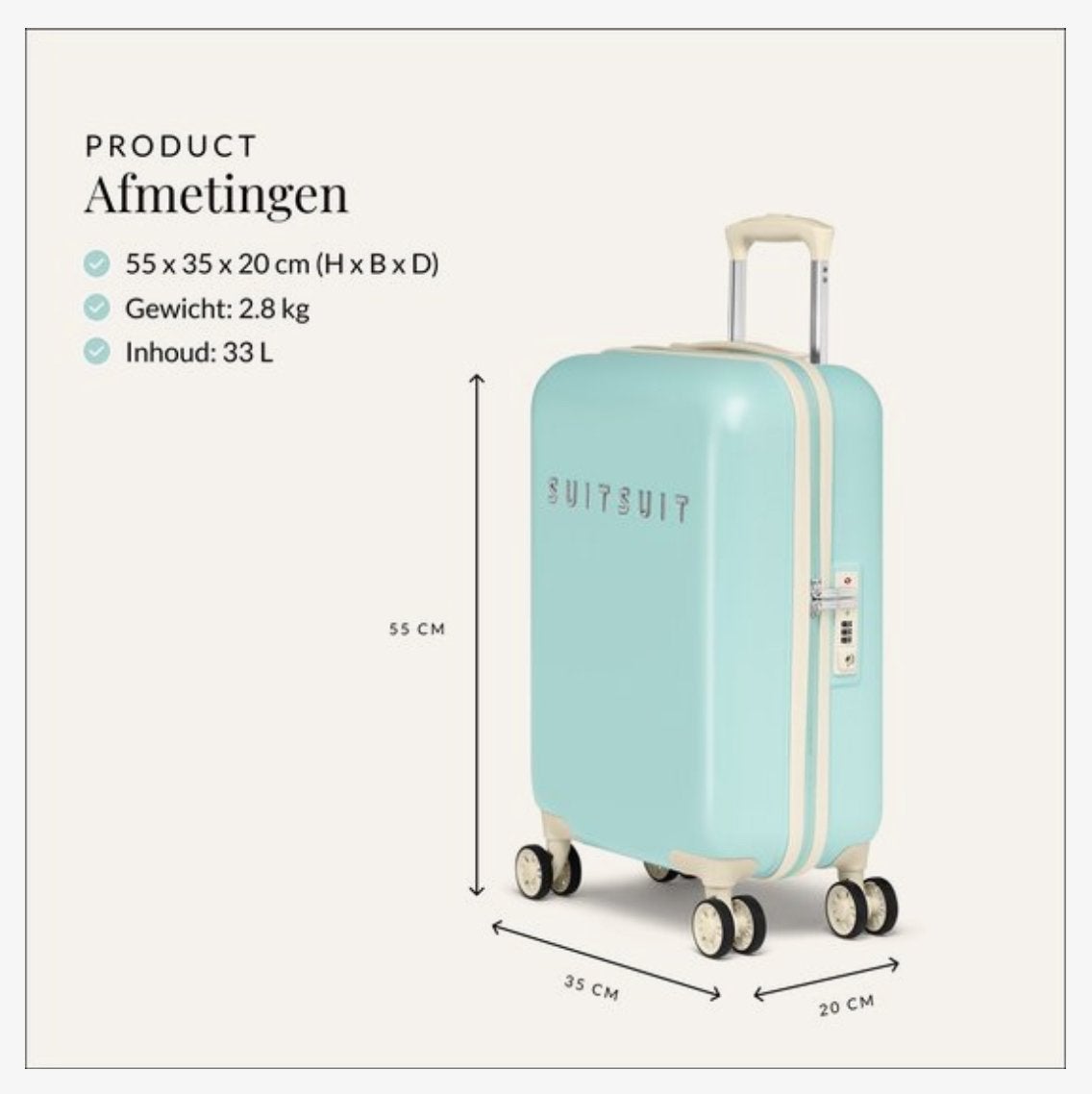 Suitsuit Handbagage Koffer - Mint - Nieuw in Doos, 50 tot 60 cm, Hard kunststof, Ophalen of Verzenden, 35 tot 45 cm