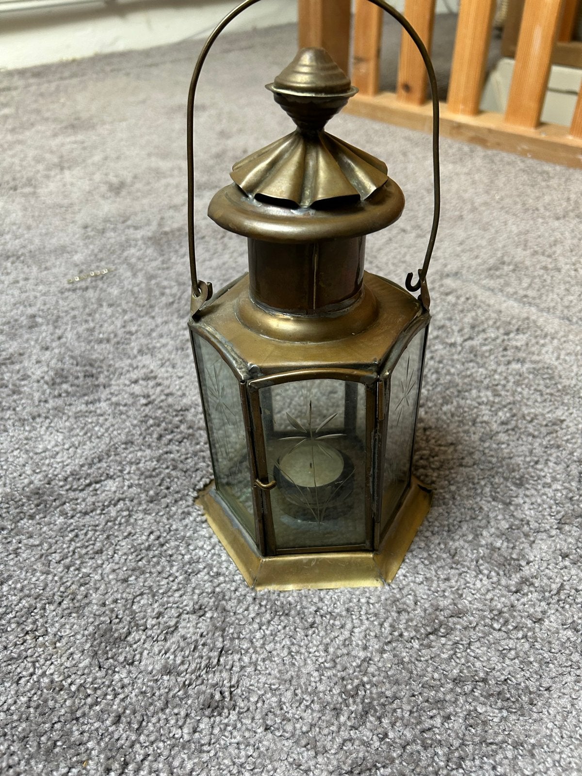 Antiek koperen windlicht met gegraveerd glas, Antiek en Kunst, Ophalen