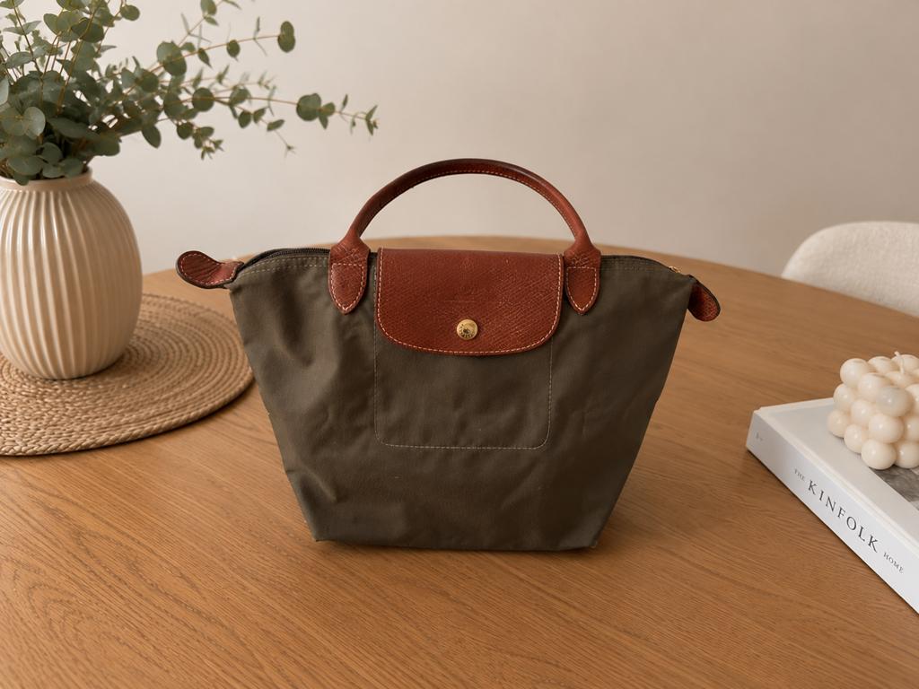 Longchamp Le Pliage handtas – groen / rode klein formaat, Ophalen of Verzenden, Gebruikt, Bruin, Handtas