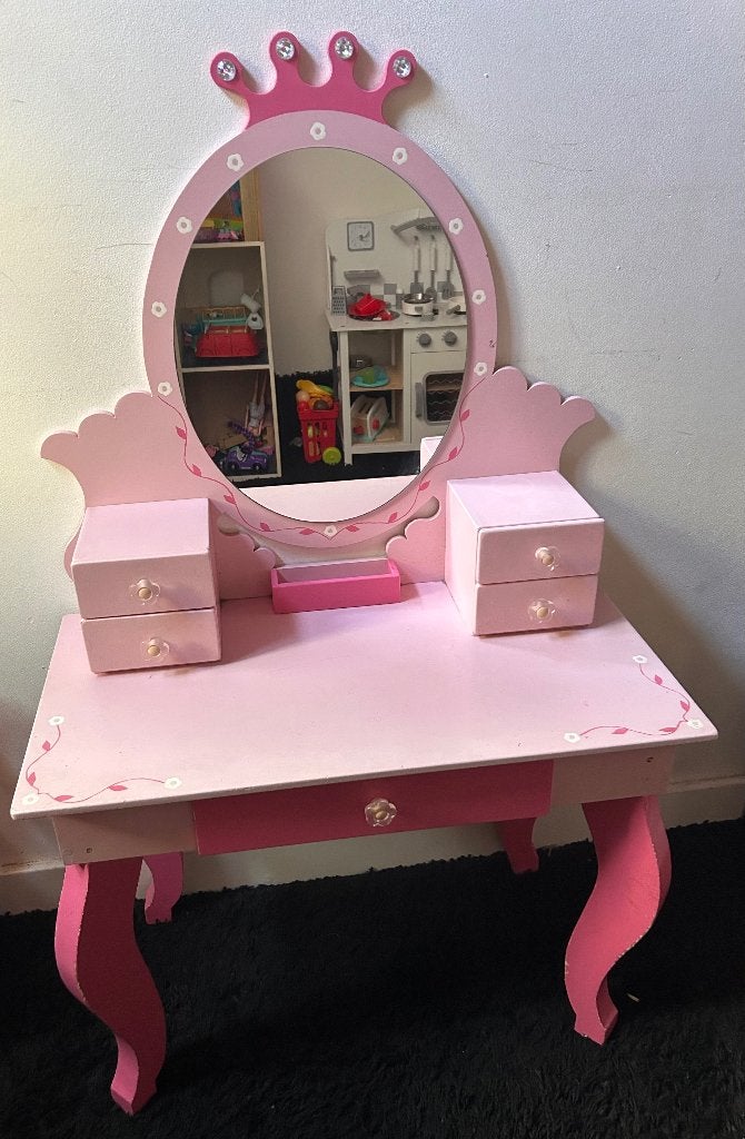 Prinses Spiegel tafel make up tafel roze hout kaptafel, Ophalen, Gebruikt, 100 tot 150 cm, 50 tot 100 cm