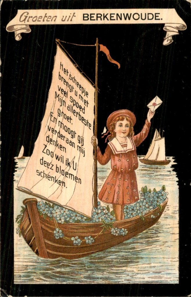 Berkenwoude - Meisje in boot - Bloemen, Verzamelen, Ophalen of Verzenden, Voor 1920, Gelopen, Zuid-Holland