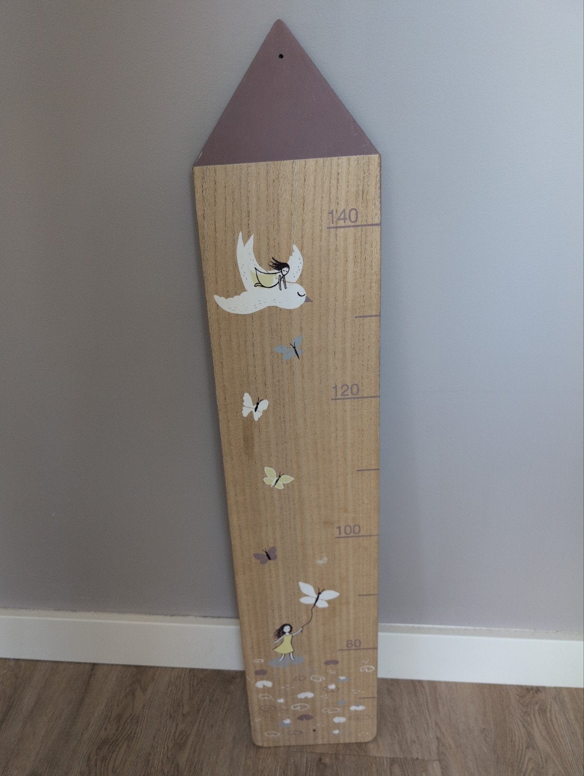 Houten groeimeter met vogel en vlinders, Ophalen, Zo goed als nieuw