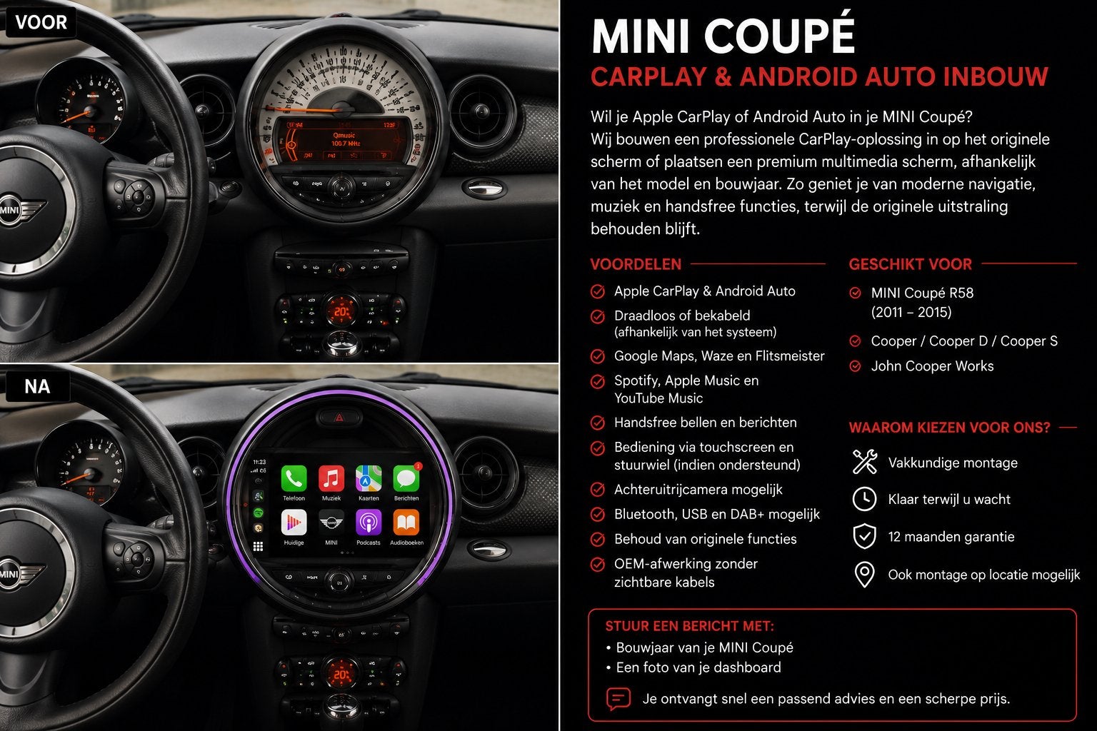 MINI Coupé CarPlay & Android Auto Inbouw, Auto diversen, Autoradio's, Ophalen, Nieuw